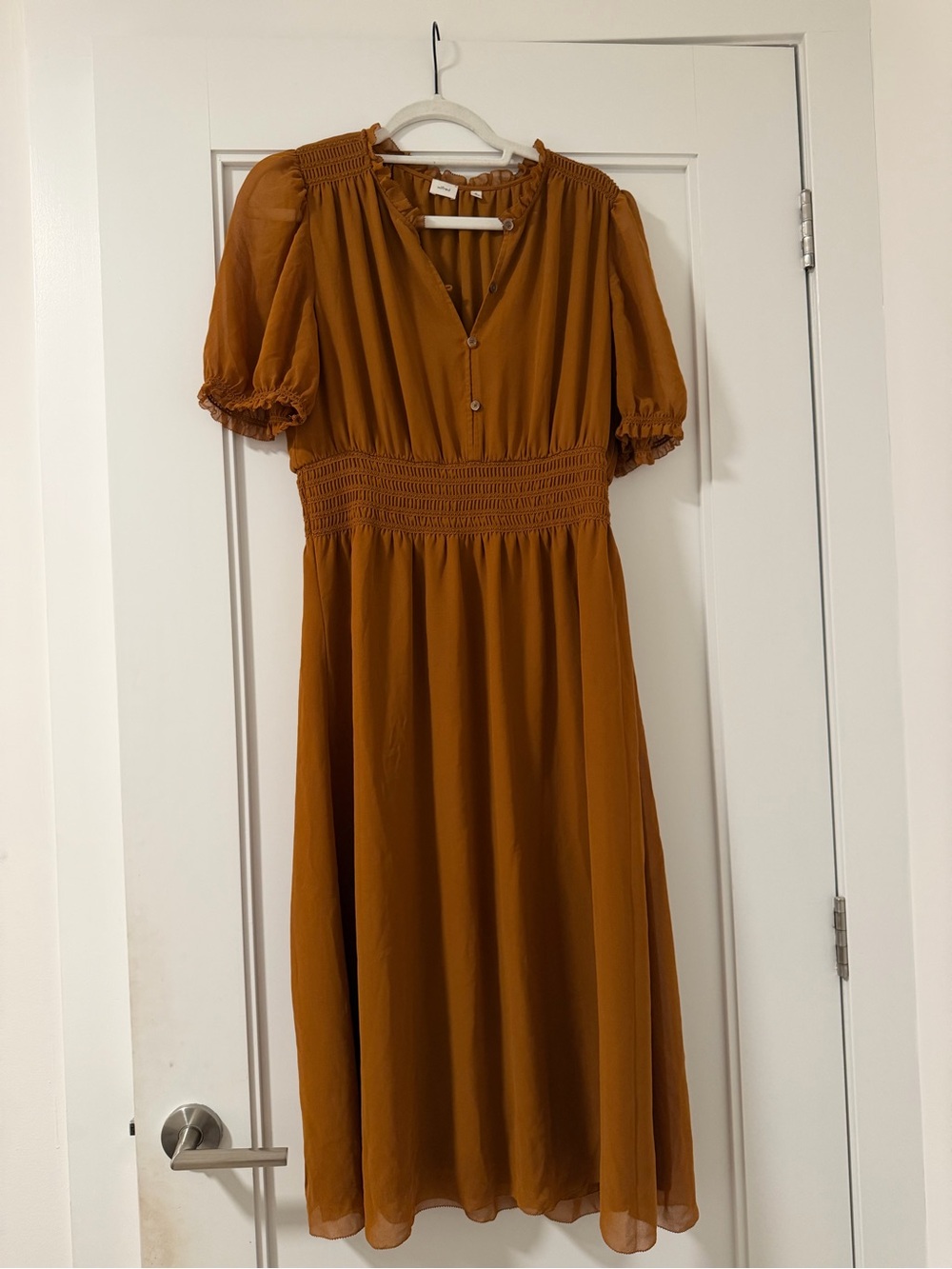 Wilfred Rust Smocked-Waist Puff Sleeve Midi Dress